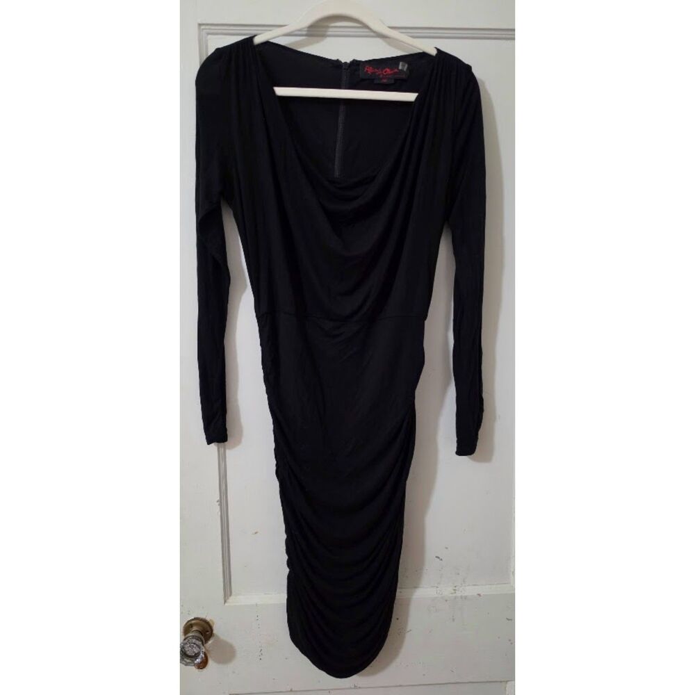 Alice + Olivia Vtg label long-sleeve cowl-neck sheath dress ruched skirt body M